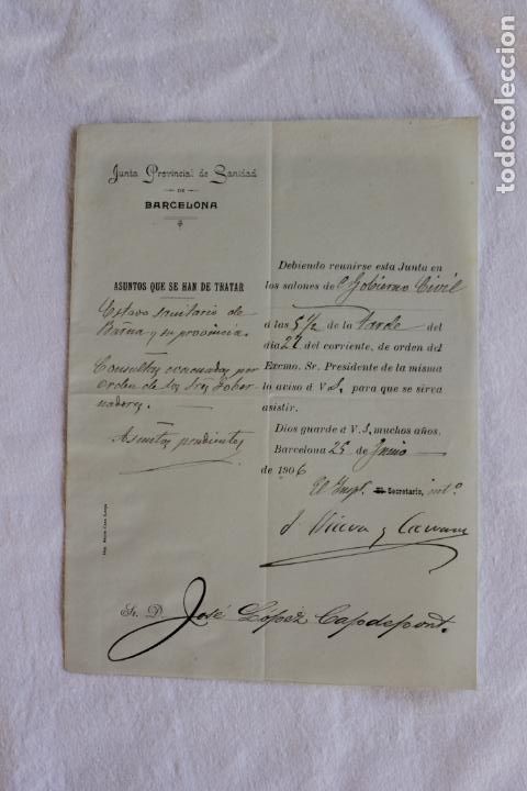 Documentos antiguos: JUNTA PROVINCIAL DE SANIDAD BARCELONA 1906 - Foto 1