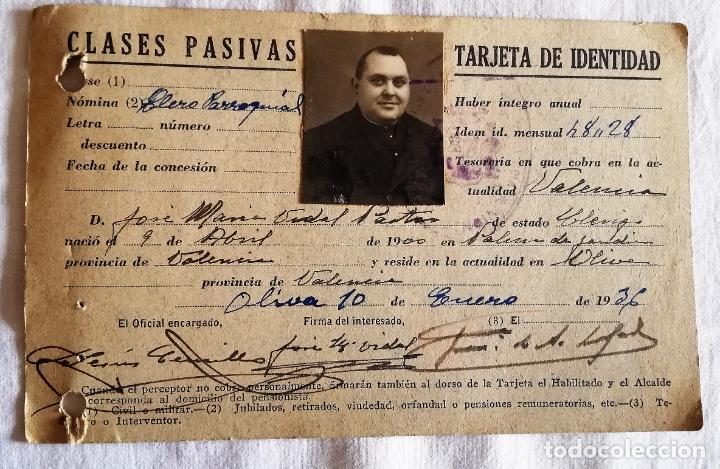 Documentos antiguos: ANTIGUA TARJETA DE IDENTIDAD / OLD SPANISH ID CARD: 1936 CLASES PASIVAS CLERO PARROQUIAL OLIVA VALEN