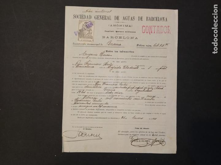 Documentos antiguos: SOCIEDAD DE AGUAS DE BARCELONA-DOCUMENTO A&Ntilde;O 1924-VER FOTOS-(V-24.497)