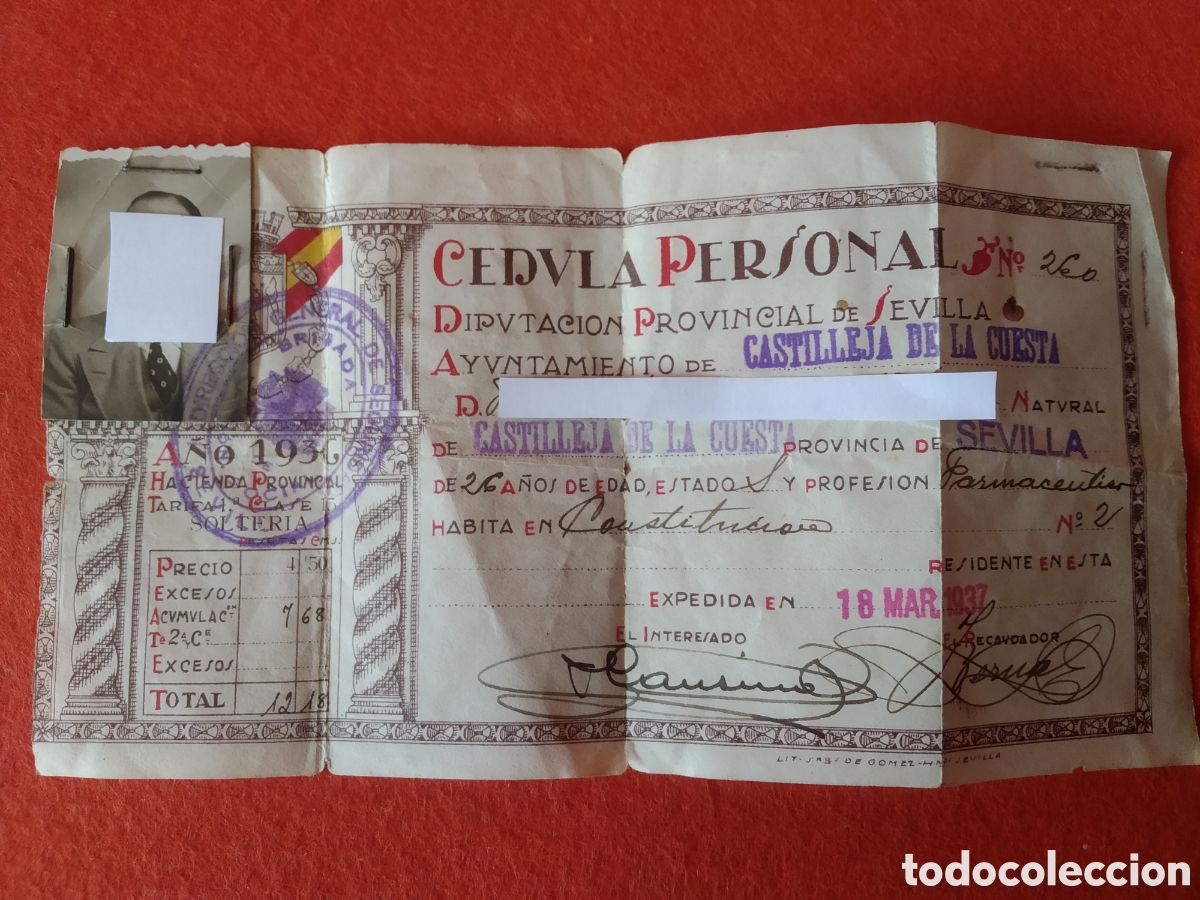 Documentos antiguos: ANTIGUA CEDULA PERSONAL A&Ntilde;O 1937 - Foto 1