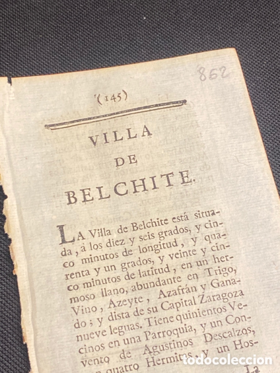 Old Documents: DESCRIPCI&Oacute;N DE LA VILLA DE BELCHITE DEL A&Ntilde;O 1779. IMPRESO ORIGINAL.