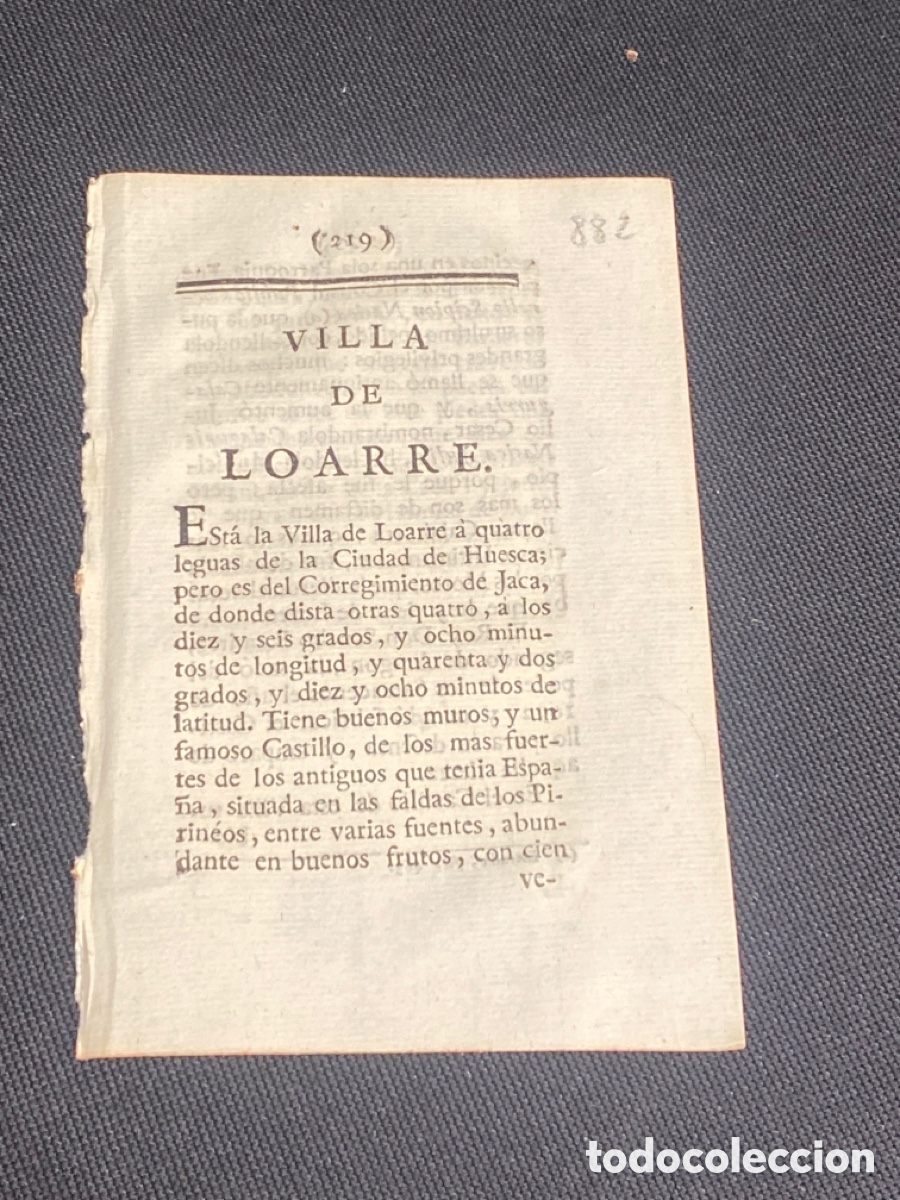 Old Documents: DESCRIPCI&Oacute;N DE LA VILLA DE LOARRE, DEL A&Ntilde;O 1779. IMPRESO ORIGINAL.