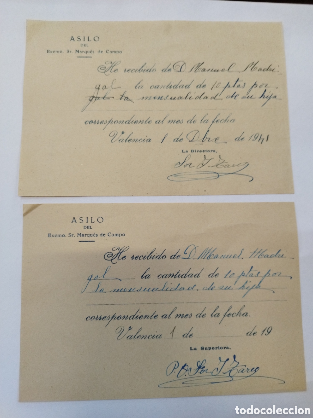 Documentos antiguos: 2 Recibos Asilo del Excmo.Marques de Campo.Valencia 1911?1941?.Denia.Firmados por la Directora