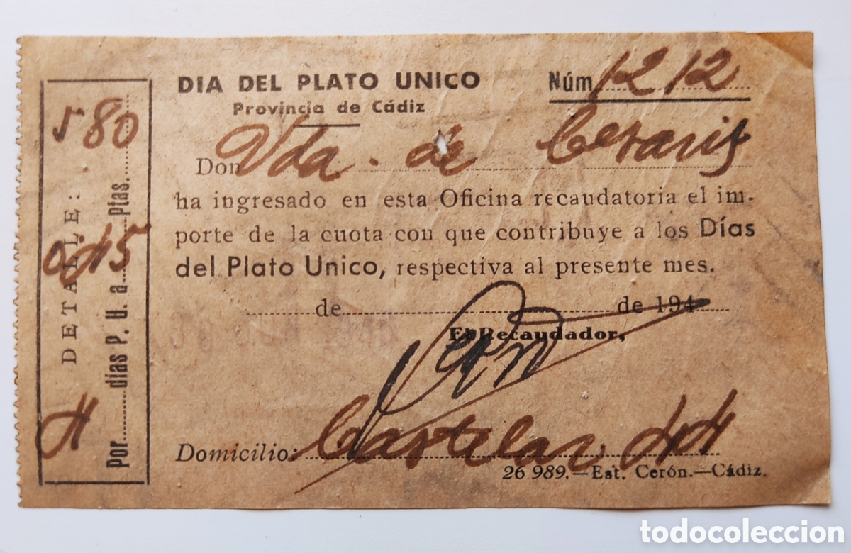 Documentos antiguos: dias de plato unico cadiz 1941 - Foto 1