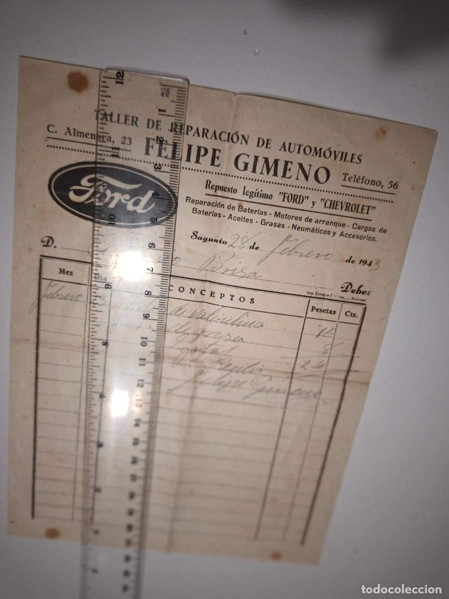 Documentos antiguos: Nota de trabajo de taller reparaci&oacute;n de autom&oacute;viles Felipe Gimeno, Sagunto, 1943, Ford y Chevrolet