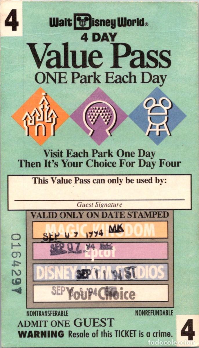 Documentos antiguos: Walt Disney World (Orlando - Florida - EUA) - 4 Day - Value Pass - $124.00 - Sep 1994 - 123x70mm