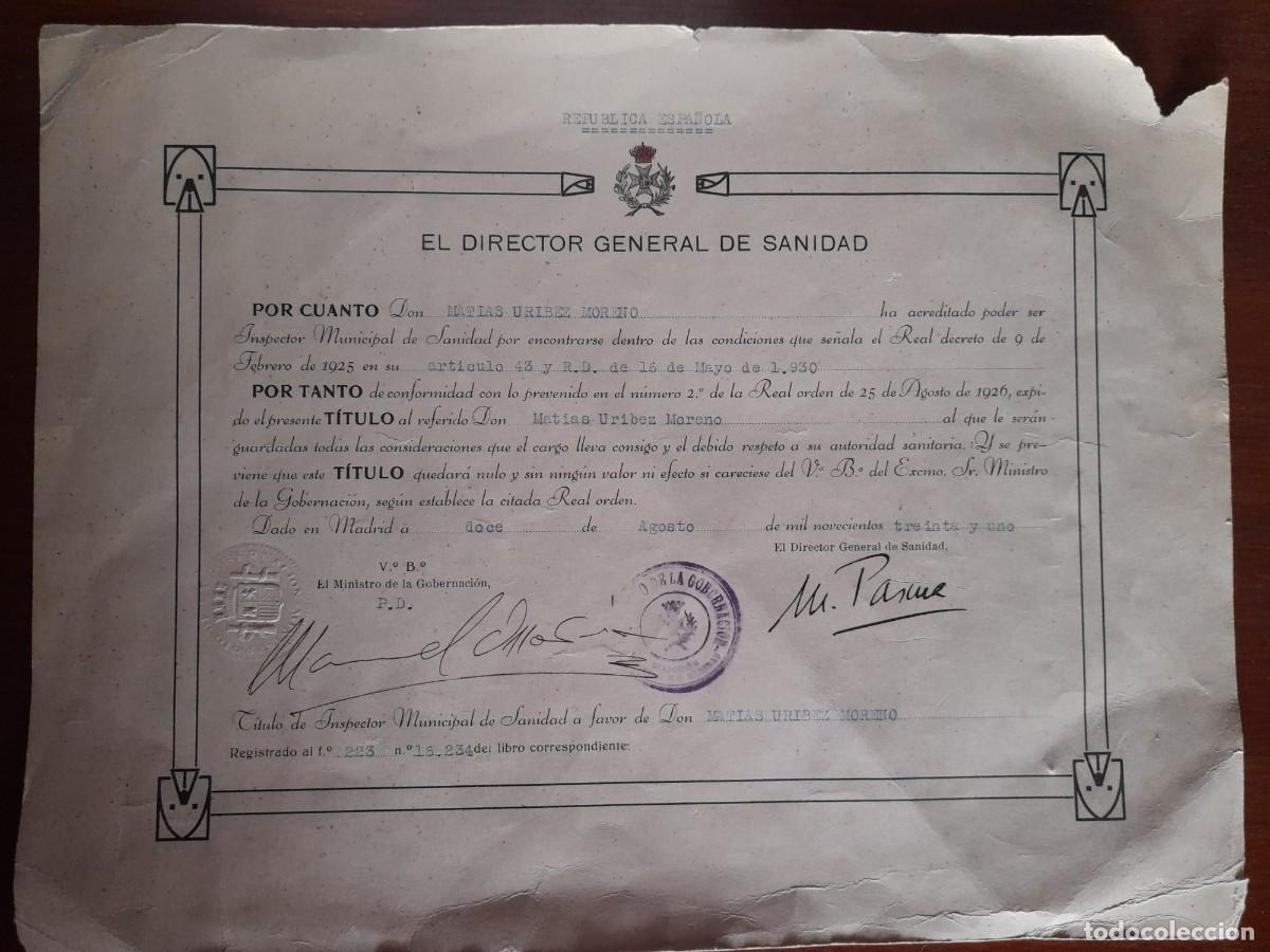 Old Documents: 1931 TITULO INSPECTOR MUNICIPAL SANIDAD MATIAS URIBEZ MORENO LA RODA REPUBLICA FIRMA MARCELINO PASCU