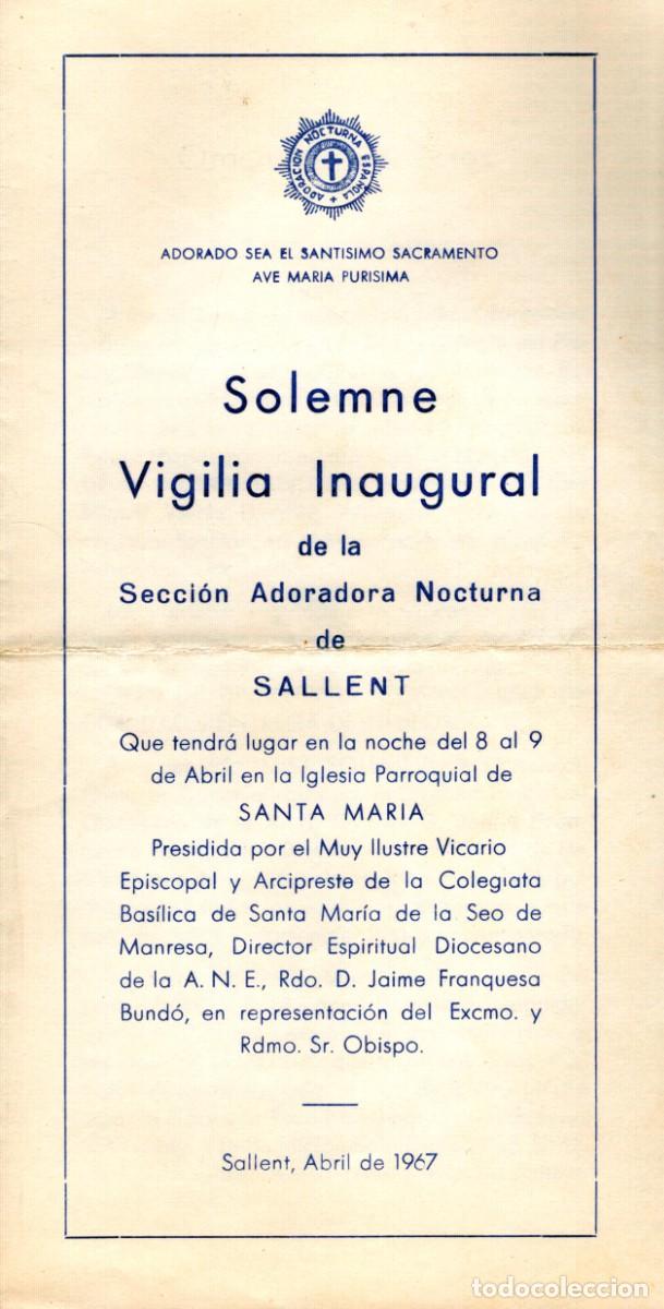 Documentos antiguos: Solemne Vigilia Inaugural Secci&oacute;n adoradora Nocturna Sallent Valencia 1967
