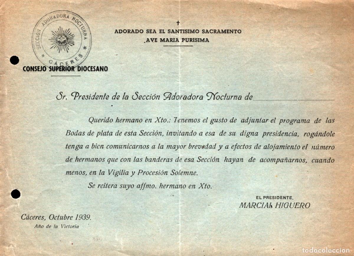 Documentos antiguos: Consejo superior Diocesano secci&oacute;n Adoradora Nocturna C&aacute;ceres octubre 1939 a&ntilde;o victoria