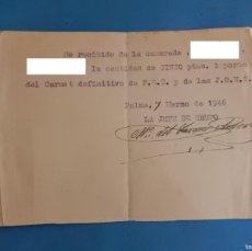Documentos antiguos: RECIBO DE PAGO CARNET F.E.T. DE LAS J.O.N.S. PALMA DE MALLORCA. BALEARES. 1946.