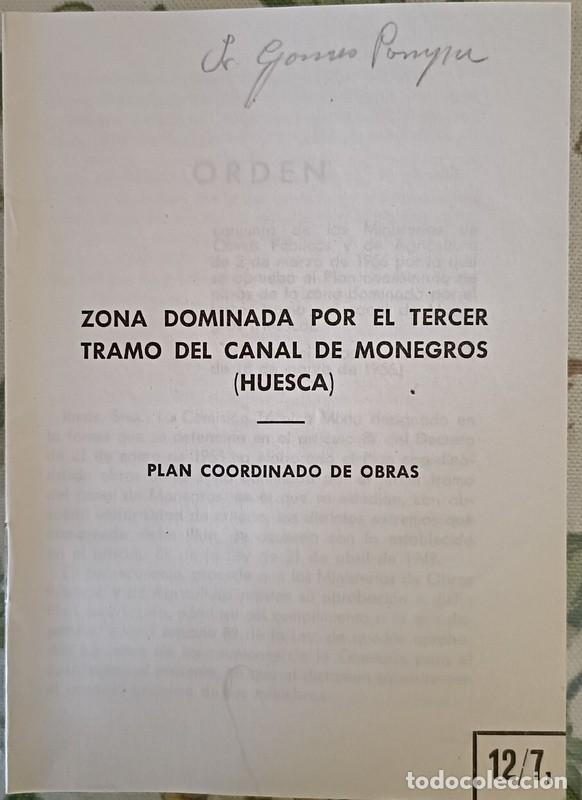 Documentos antiguos: 1956, PLAN GENERAL DE COLONIZACION, ZONA DOMINADA POR EL TERCER TRAMO CANAL DE LOS MONEGROS, HUESCA