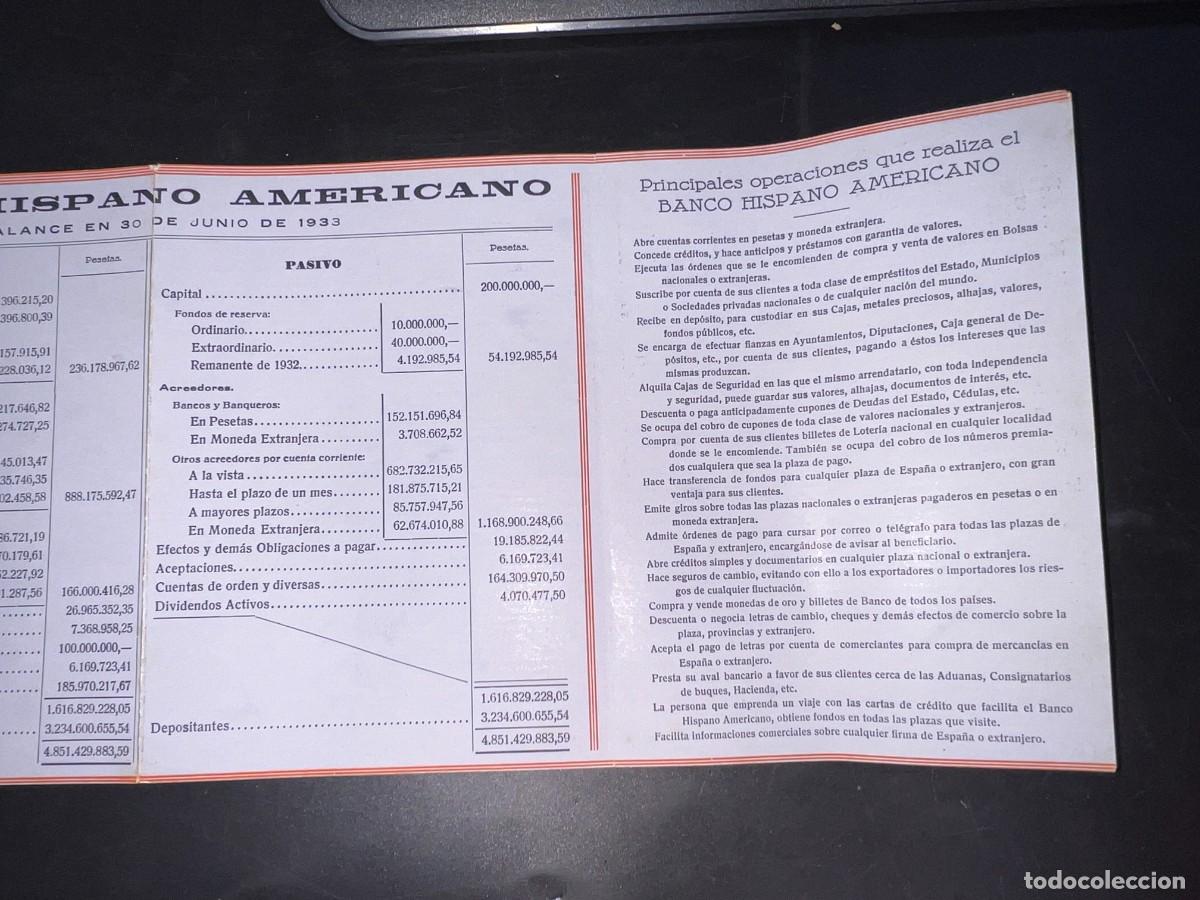 Documentos antiguos: BANCO HISPANO AMERICANO. BALANCE E 20 DE JUNIO DE 1933. VER - Foto 3