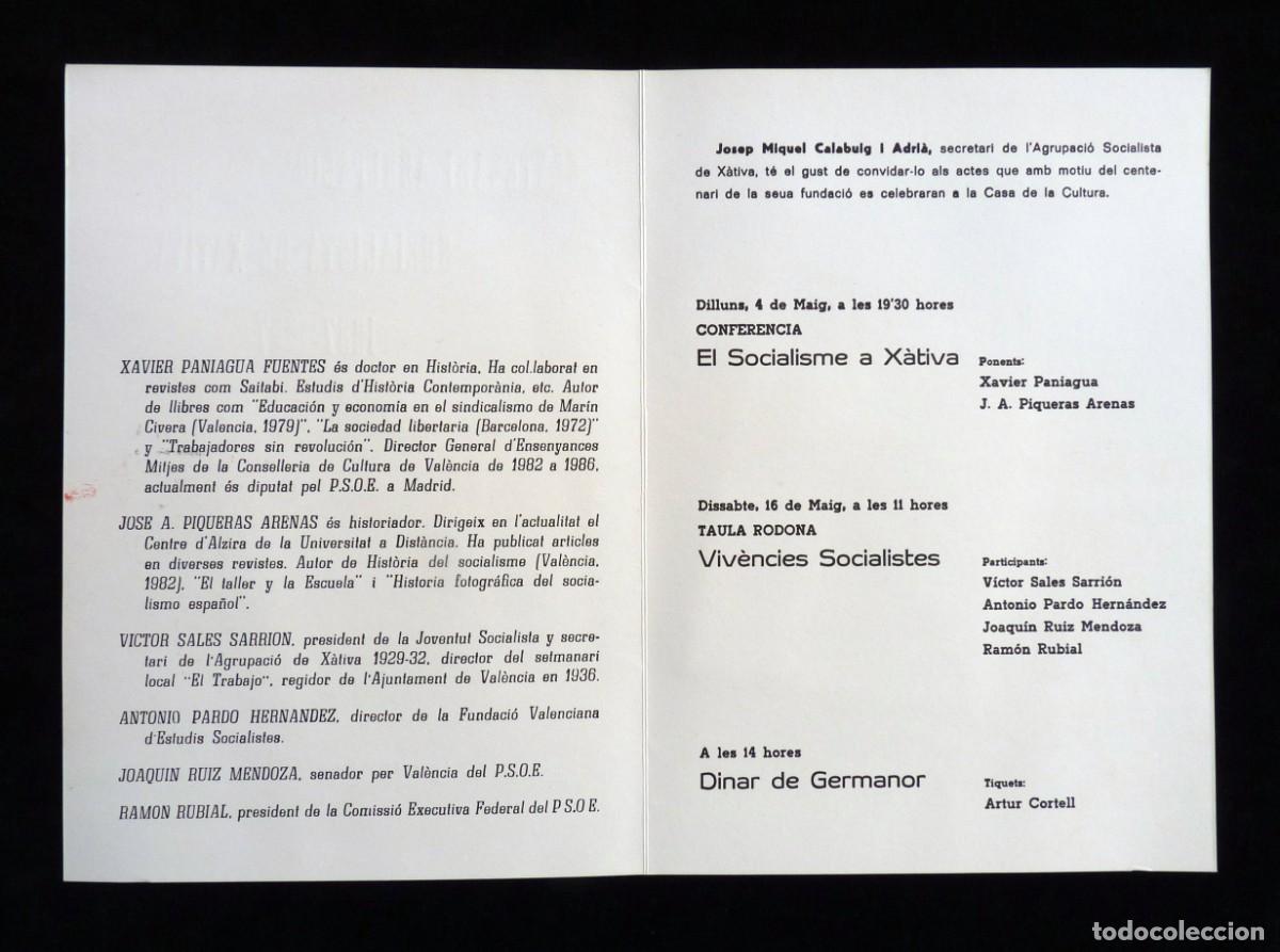 Documentos antiguos: PROGRAMA DE ACTOS CENTENARI AGRUPACIO SOCIALISTA DE X&Agrave;TIVA 1987-1987 - Foto 3