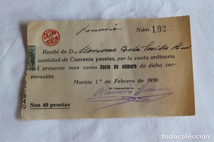 Documentos antiguos: RECIBO CASINO DE MURCIA 1956