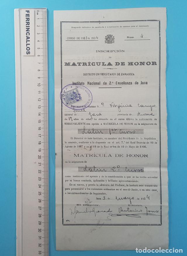 Alte Dokumente: INSCRIPCI&Oacute;N MATRICULA DE HONOR CURSO 1933 A 1934, INSTITUTO NACIONAL 2&ordf; ENSE&Ntilde;ANZA DE JACA