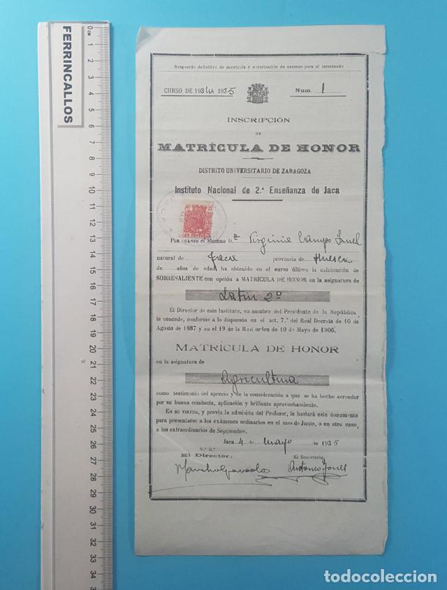 Alte Dokumente: INSCRIPCI&Oacute;N MATRICULA DE HONOR CURSO 1934 A 1935, INSTITUTO NACIONAL 2&ordf; ENSE&Ntilde;ANZA DE JACA