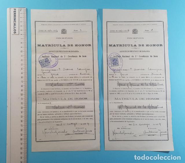 Alte Dokumente: LOTE 2 INSCRIPCI&Oacute;N MATRICULA DE HONOR CURSO 1933 A 1934, INSTITUTO NACIONAL 2&ordf; ENSE&Ntilde;ANZA DE JACA