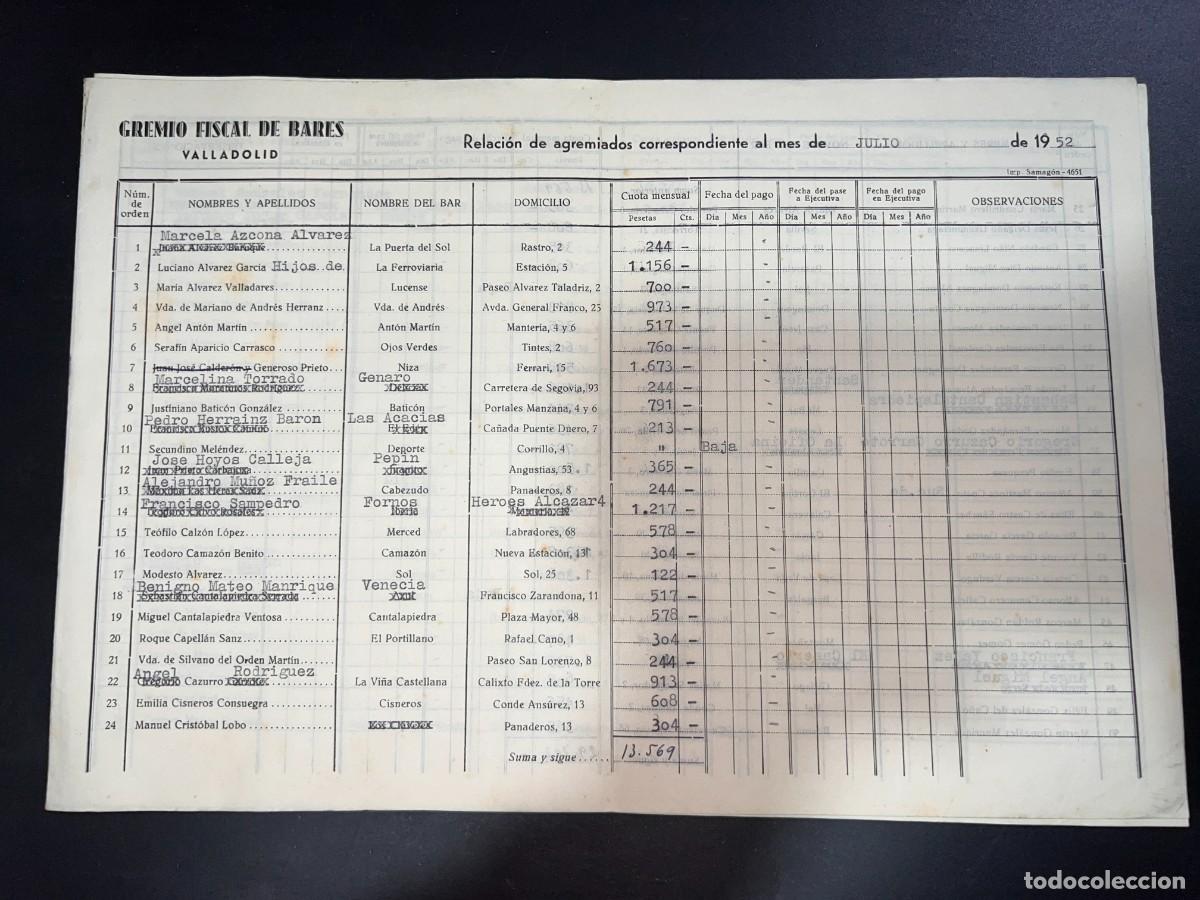 Documentos antiguos: GREMIO FISCAL DE BARES. RELACI&Oacute;N DE AGREMIADOS DEL MES DE JULIO. VALLADOLID, 1952