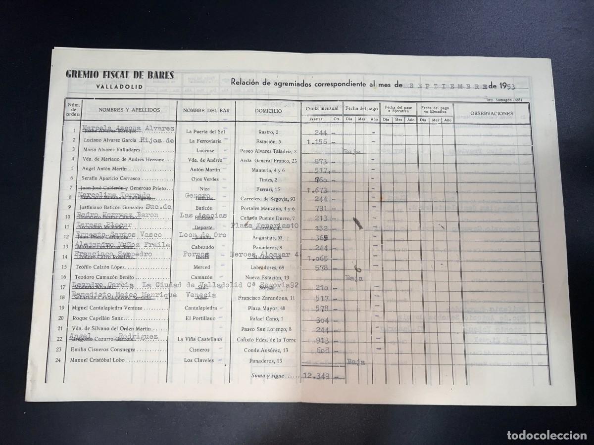 Documentos antiguos: GREMIO FISCAL DE BARES. RELACI&Oacute;N DE AGREMIADOS DEL MES DE SEPTIEMBRE. VALLADOLID, 1953