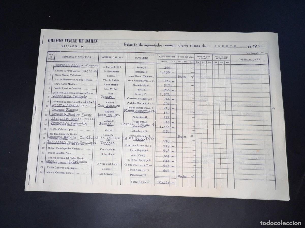 Documentos antiguos: GREMIO FISCAL DE BARES. RELACI&Oacute;N DE AGREMIADOS DEL MES DE AGOSTO. VALLADOLID, 1953