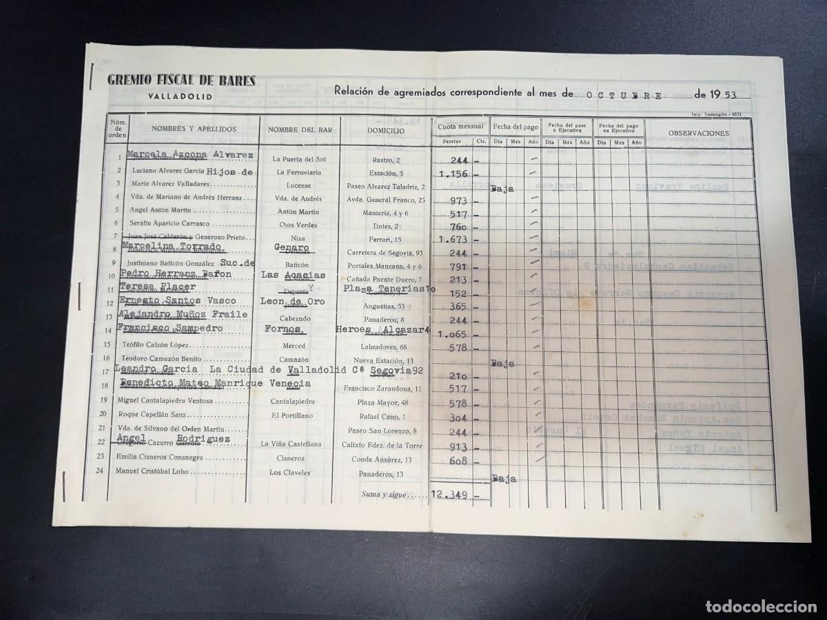 Documentos antiguos: GREMIO FISCAL DE BARES. RELACI&Oacute;N DE AGREMIADOS DEL MES DE OCTUBRE. VALLADOLID, 1953