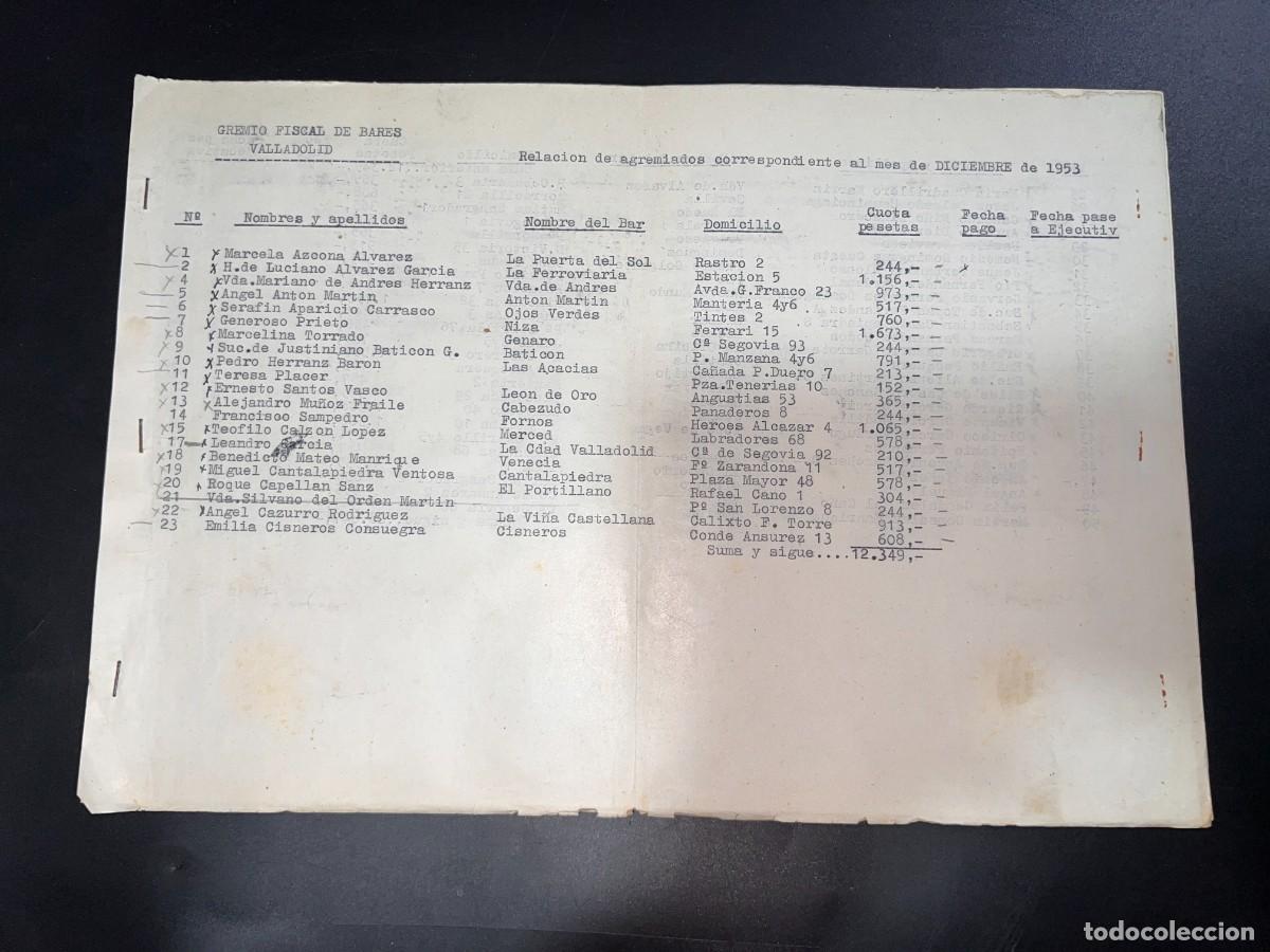 Documentos antiguos: GREMIO FISCAL DE BARES. RELACI&Oacute;N DE AGREMIADOS DEL MES DE DICIEMBRE. VALLADOLID, 1953