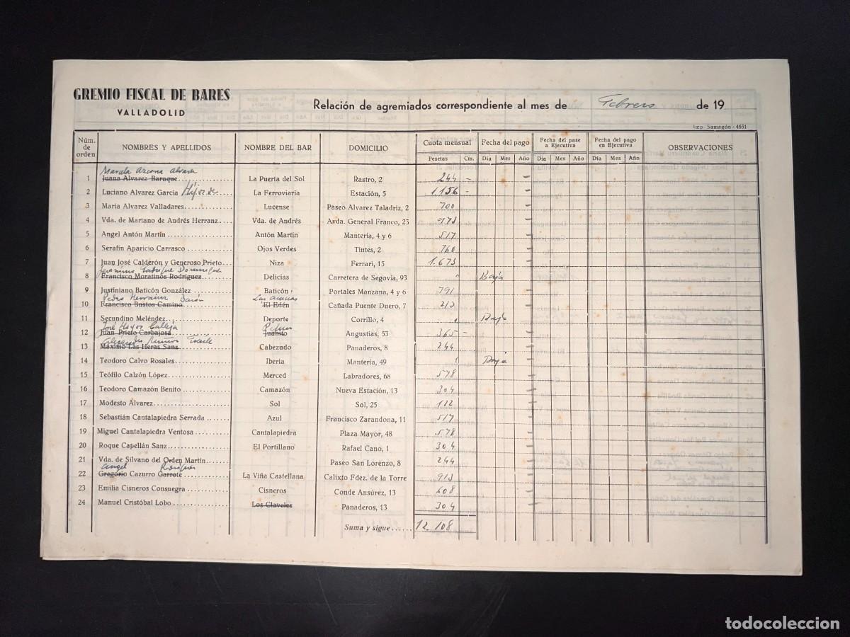 Documentos antiguos: GREMIO FISCAL DE BARES. RELACI&Oacute;N DE AGREMIADOS DEL MES DE FEBRERO. VALLADOLID, 1952