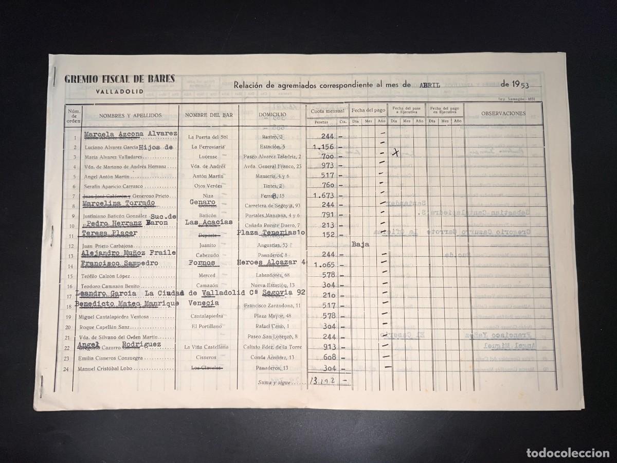 Documentos antiguos: GREMIO FISCAL DE BARES. RELACI&Oacute;N DE AGREMIADOS DEL MES DE ABRIL. VALLADOLID, 1953