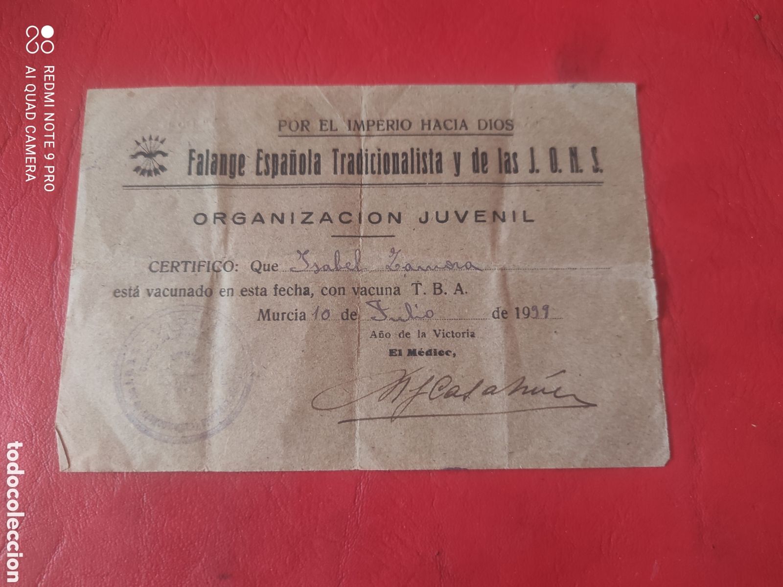 Documentos antiguos: Falange espa&ntilde;ola tradicionalista y de las .J.O.N.S, recibo justificante de vacunaci&oacute;n a&ntilde;o 1939