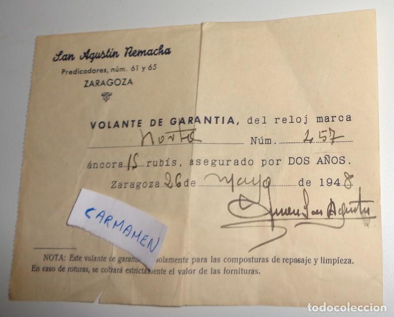 Documentos antiguos: VOLANTE DE GARANT&Iacute;A - ANTIGUO A&ntilde;o 1948 - TIENDA SAN AGUST&Iacute;N REMACHA ZARAGOZA. RELOJ ALTA GAMA RUB&Iacute;ES