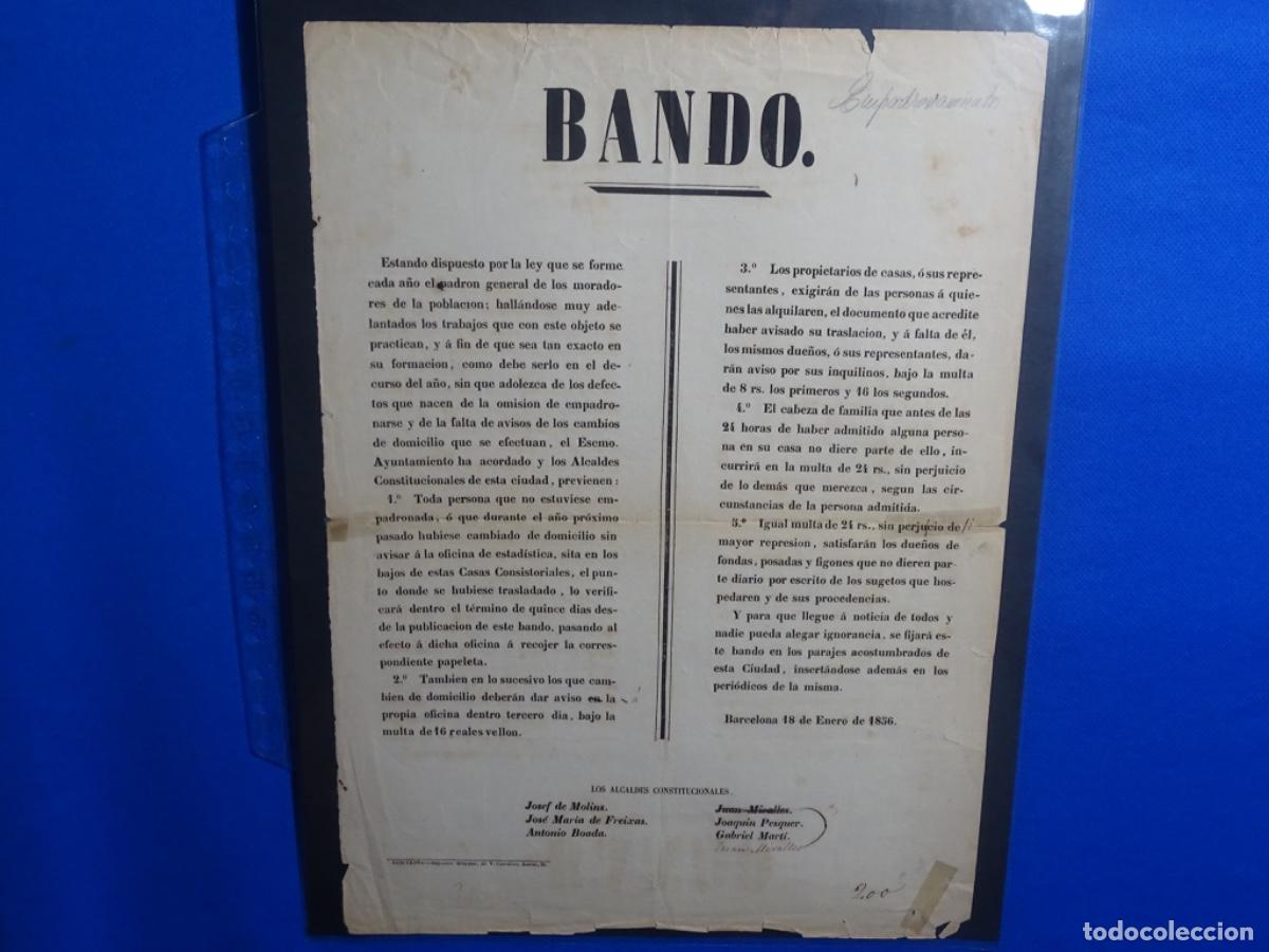 Documentos antiguos: BANDO EMPADRONAMIENTO BARCELONA 1856. LOS ALCALDES CONSTITUCIONALES.