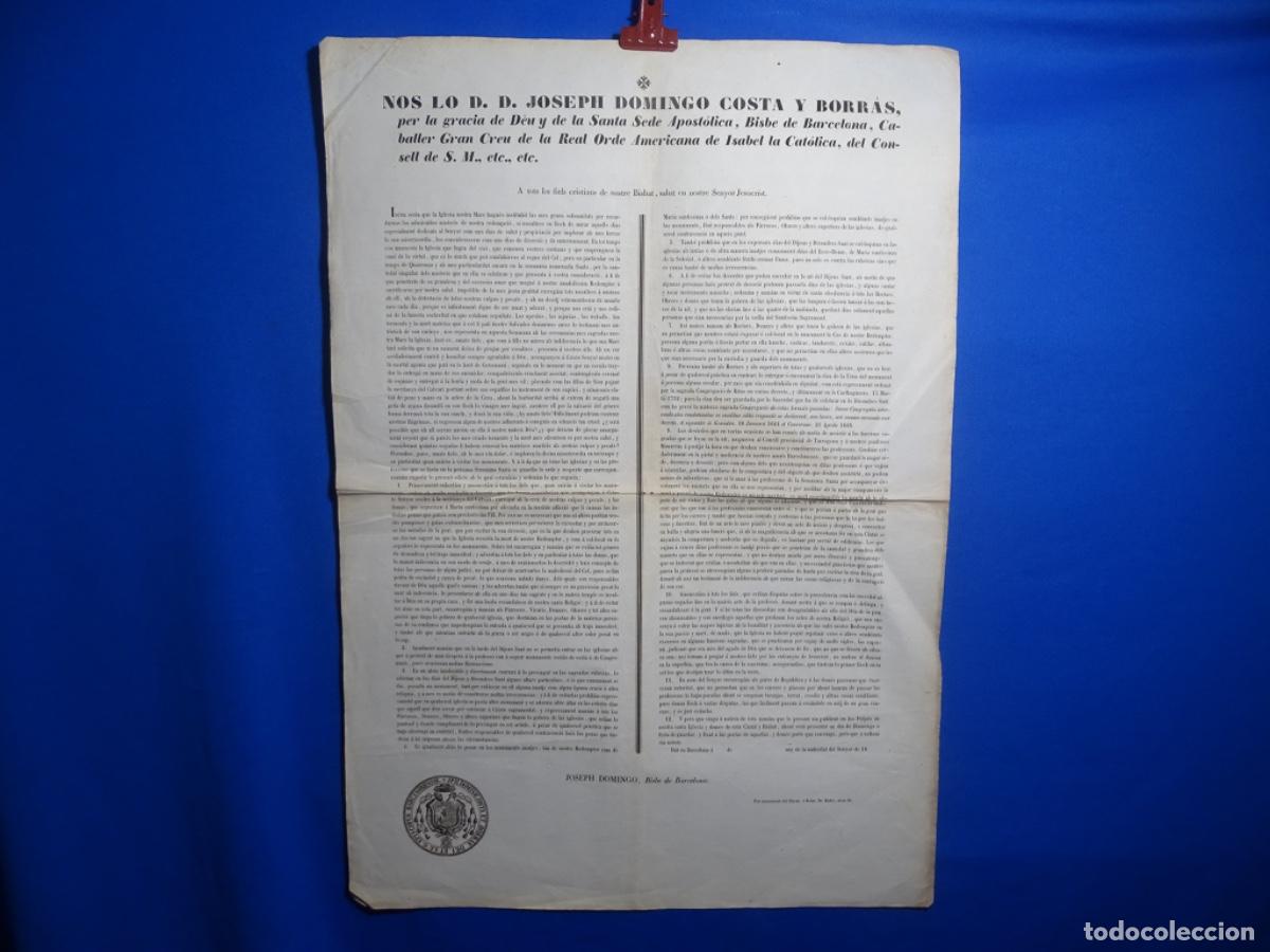 Documentos antiguos: COMUNICADO ECLESI&Aacute;STICO DE JOSEPH DOMINGO COSTA Y BORRAS, BISBE DE BARCELONA. SIGLO XIX. EN CATALAN.