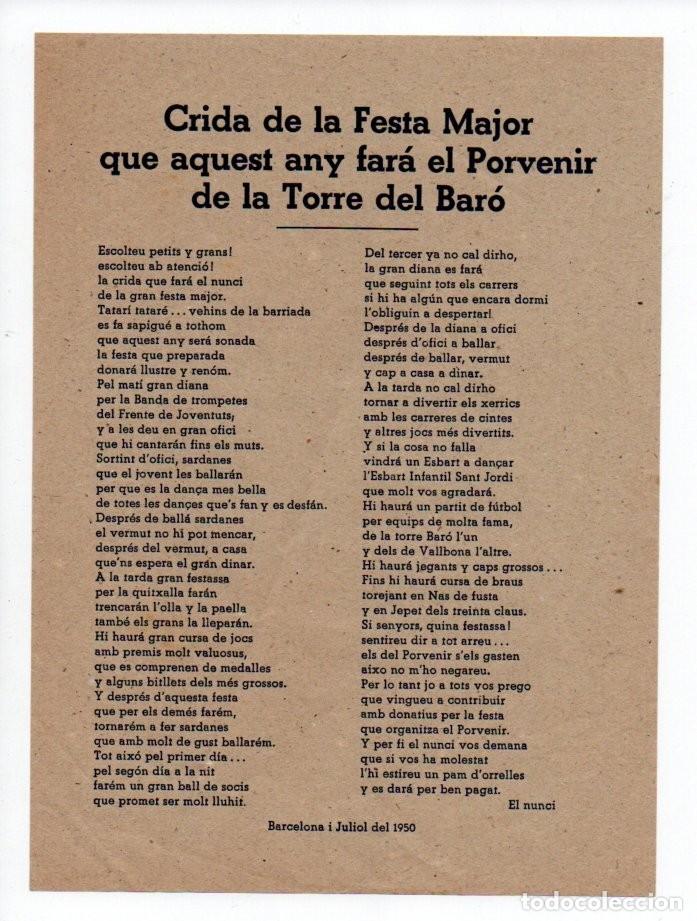 Documentos antiguos: RESERVADA, CRIDA DE LA FESTA MAJOR QUE AQUEST ANY FAR&Aacute; EL PORVENIR - TORRE DEL BAR&Oacute;, BARCELONA 1950