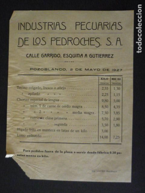 Documentos antiguos: POZOBLACO CORDOBA INDUSTRIAS PECUARIAS DE LOS PEDROCHES S. A. LISTA DE PRECIOS 1927