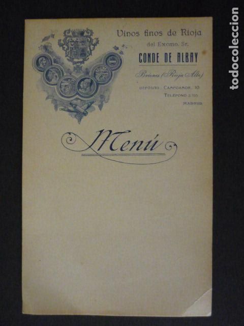Documentos antiguos: MENU VINOS DE RIOJA CONDE DE ALBAY BODEGA - Foto 1