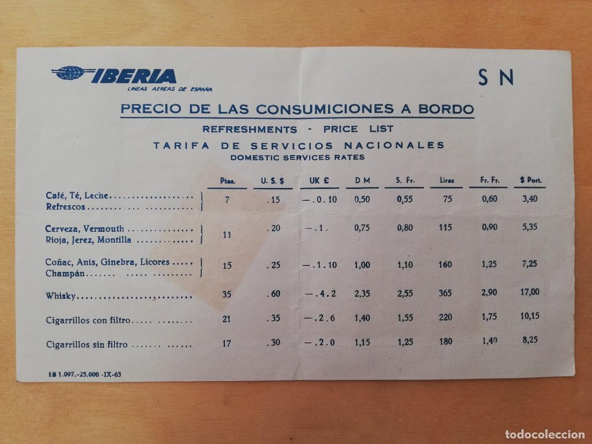 Documentos antiguos: Interesante documento de Iberia. Lista de precios de consumiciones a bordo - Foto 1