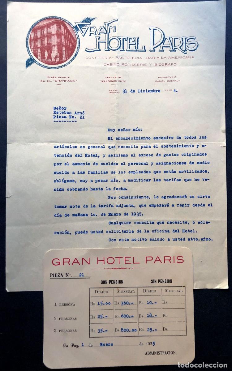 Documents Anciens: GRAN HOTEL PAR&Iacute;S / LA PAZ ( Bolivia ) A&Ntilde;O 1934 / CAFETER&Iacute;A A LA AMERICANA / CASINO ROTISSERIE