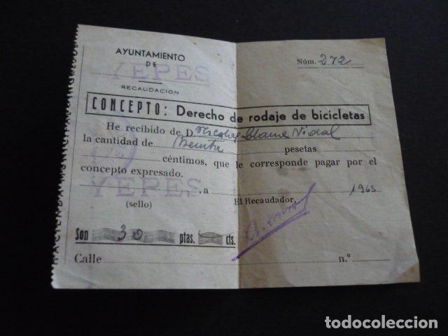 Documenti antichi: YEPES TOLEDO RECIBO RODAJE DE BICICLETAS 1963