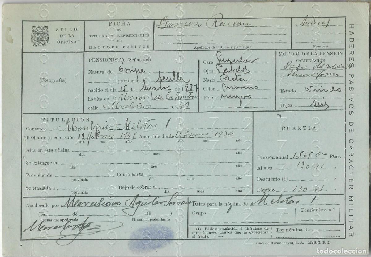 Documentos antiguos: CORIPE MORON DE LA FRONTERA PADRE SOLDADO CAIDO FICHA PENSION 21X15 L55