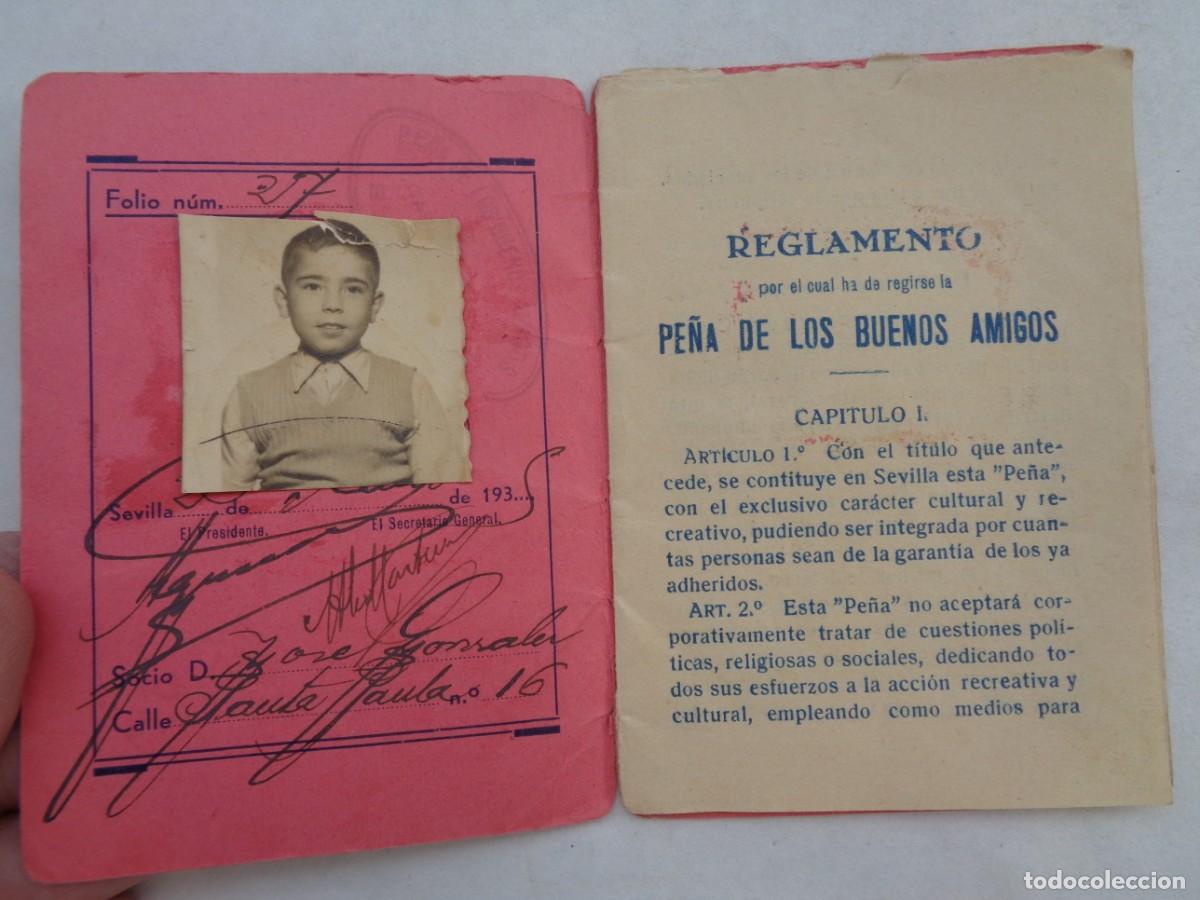 Documentos antiguos: PE&Ntilde;A DE LOS BUENOS AMIGOS : REGLAMENTO - CARNET . SEVILLA , 1935 - Foto 2