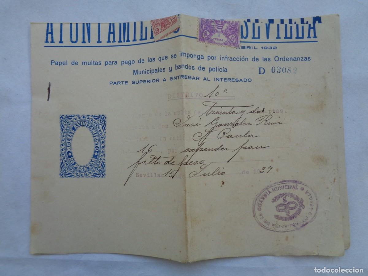 Documentos antiguos: GUERRA CIVIL - AYUNTAMIENTO DE SEVILLA : MULTA POR EXPENDER PAN FALTO DE PESO. 1937. VI&Ntilde;ETAS