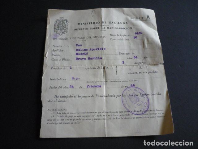 Documentos antiguos: IMPUESTO SOBRE LA RADIOAUDICI&Oacute;N RECIBO 1944
