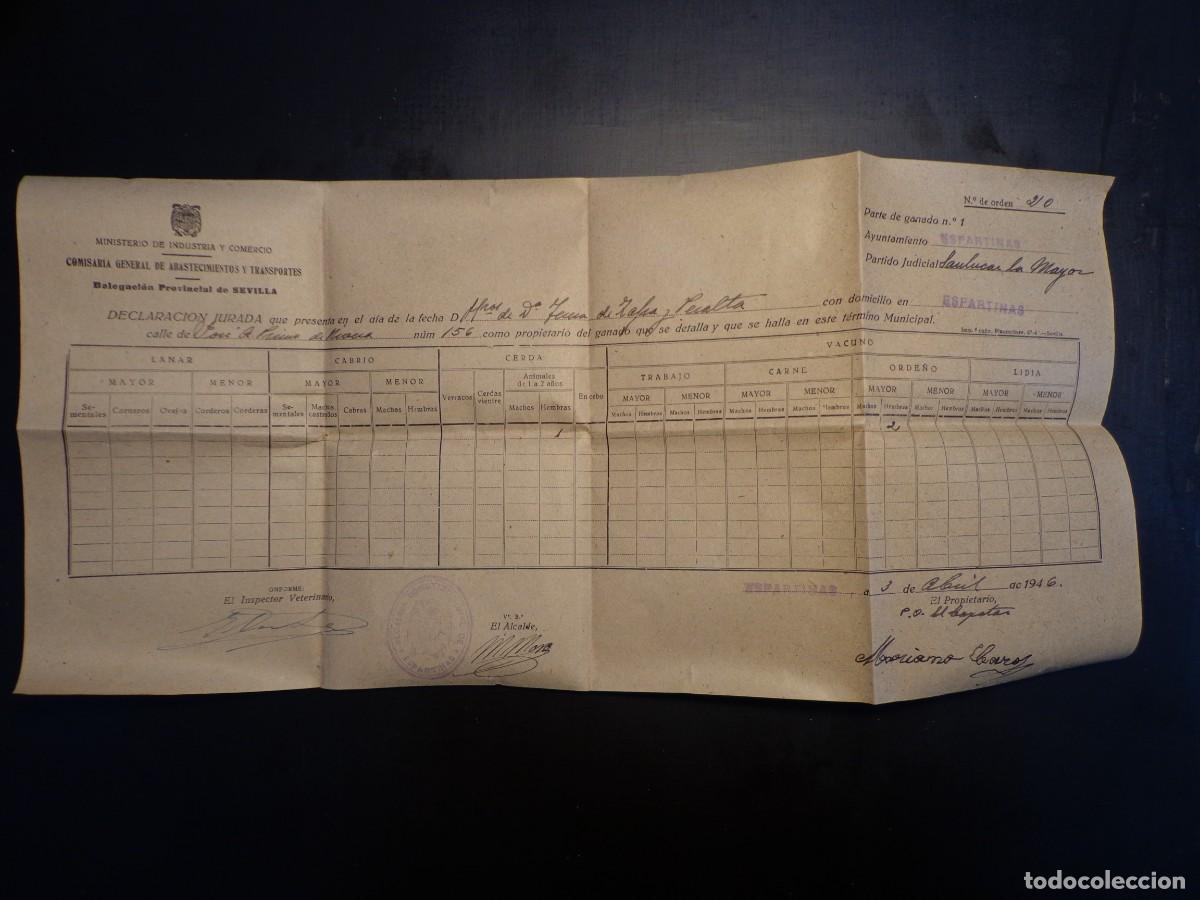 Documentos antiguos: DOCUMENTO DECLARACI&Oacute;N JURADA de GANADO 1946 SELLO ALCALDIA ESPARTINAS INSPECCI&Oacute;N VETERINARIA