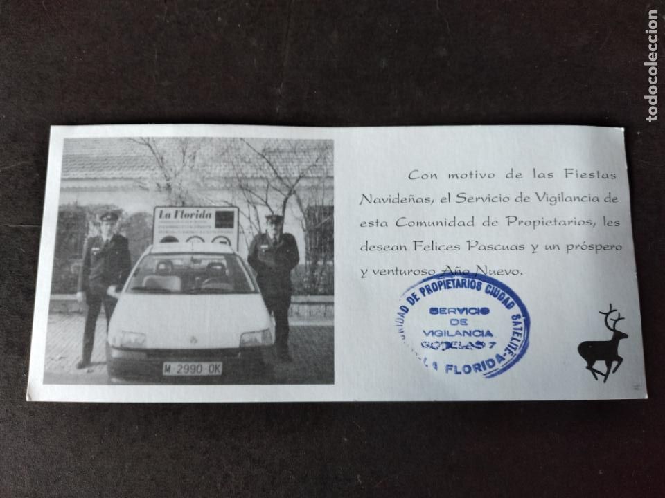 Documents Anciens: MADRID CIUDAD SATELITE LA FLORIDA TARJETA CON POLICIA VIGILANTE SEGURIDAD Y COCHE RENAULT