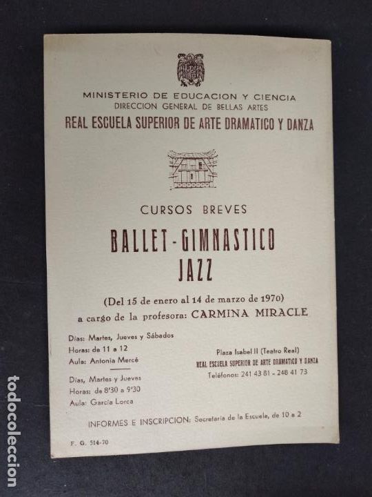 Documentos antigos: MADRID ESCUELA SUPERIOR ARTE DRAMATICO Y DANZA TARJETA CURSOSS BREVES BALLET GIMNASTICO JAZZ