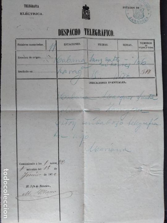 Documentos antiguos: TELEGRAMA HABANA ZARAGOZA 1872 DESPACHO TELEGRAFICO