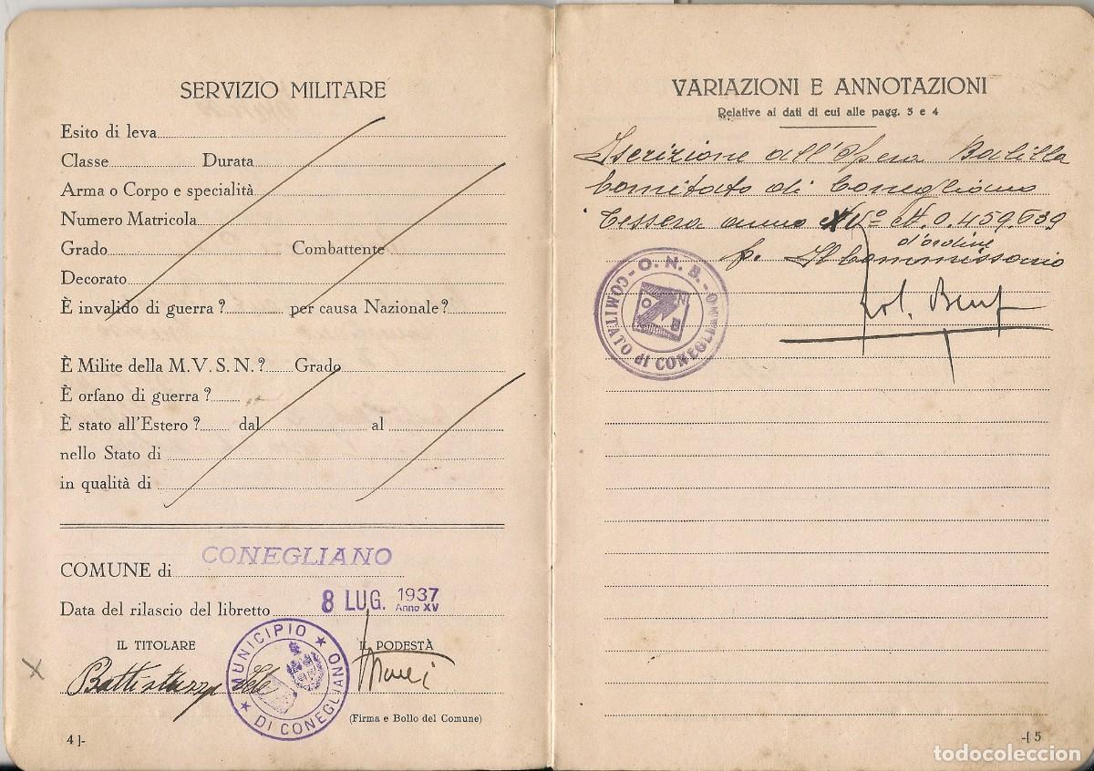 Documentos antiguos: PASAPORTE de ITALIA + CONJUNTO DE DOCUMENTOS emitidos en CONEGLIANO - TREVISO - Foto 5