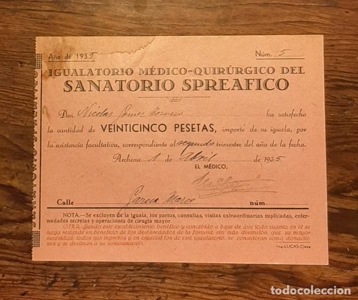 Documentos antiguos: CUOTA 25 PTS. DEL IGUALATORIO MEDICO QUIRURGICO DEL SANATORIO SPREAFICO DE ARCHENA BA&Ntilde;OS MURCIA 1935