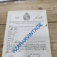 Documentos antiguos: BARCELONA, 1846, CERTIFICADO PASAPORTE, CIUDADANO LIBRE DE PESTE, JUNTA PROVINCIAL DE SANIDAD