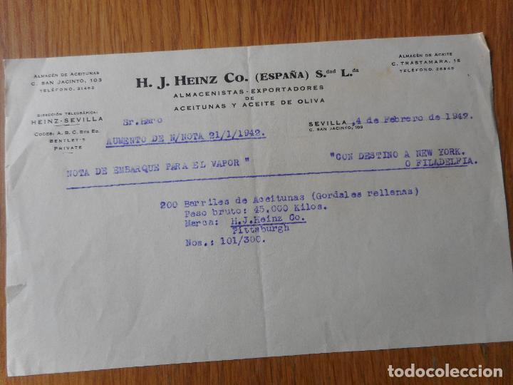 Documentos antiguos: NOTA EMBARQUE H.J. HEINZ CO. ACEITUNAS ACEITE OLIVA. BARCO VAPOR DESTINO NEW YORK. SEVILLA 1942